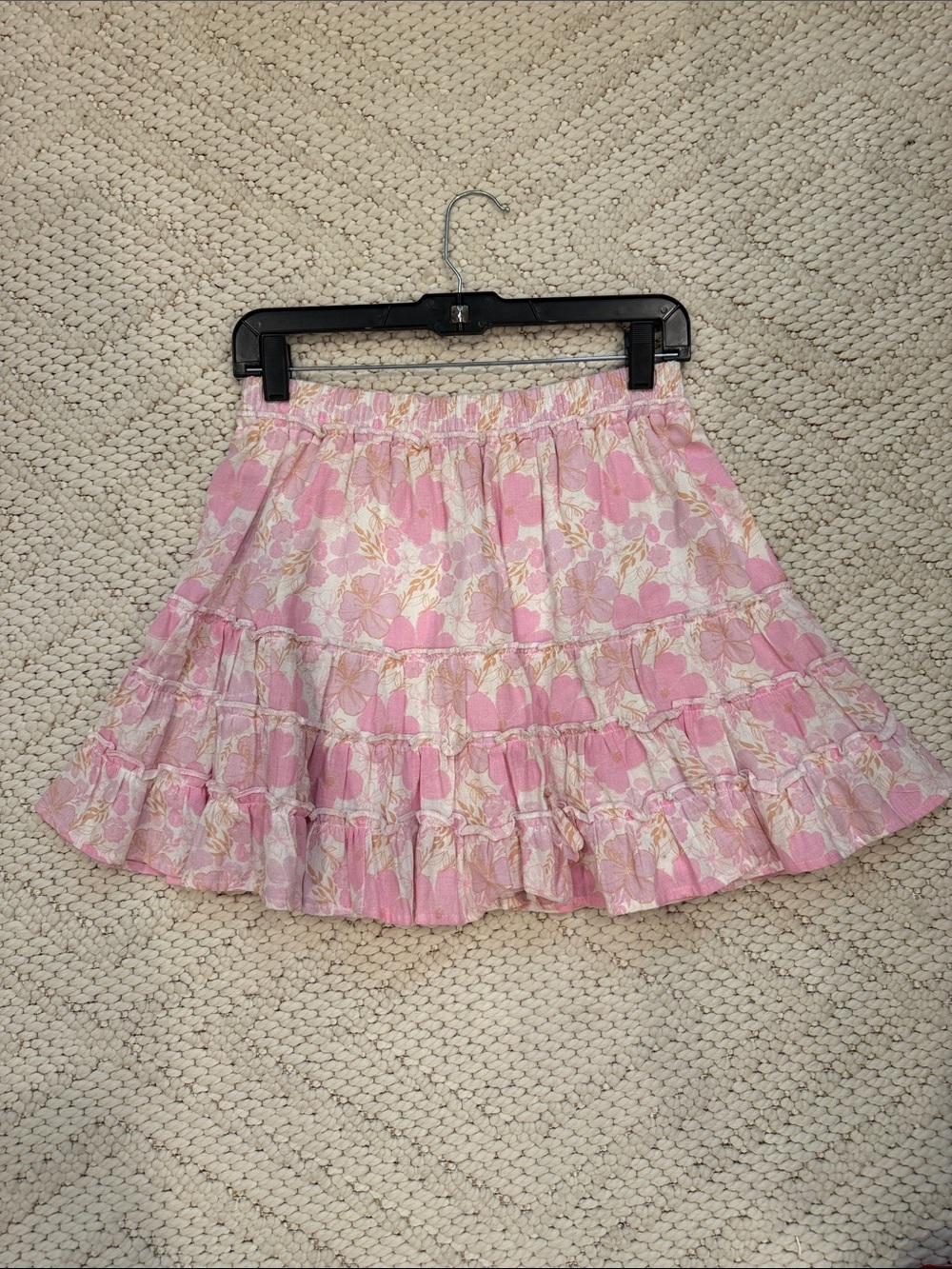 Pink Floral Ruffled Mini Skirt with Elastic Waist